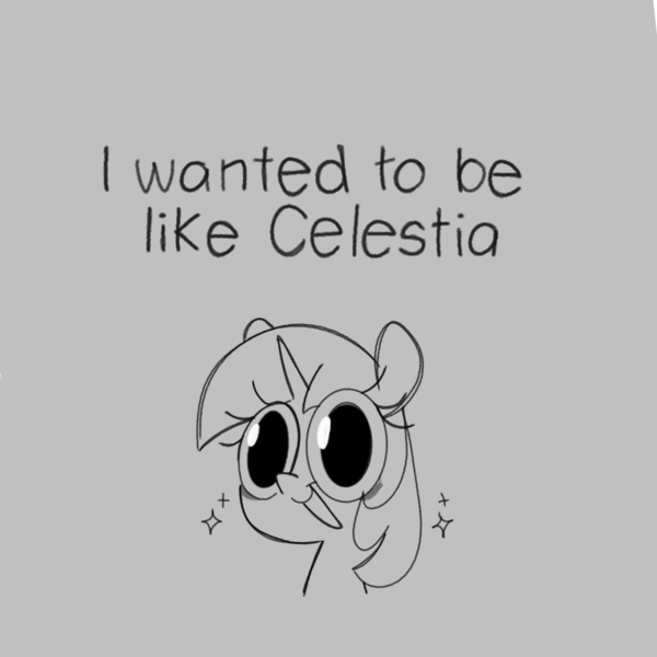 Size: 1000x1000 | Tagged: safe, artist:opossum-stuff, derpibooru import, part of a set, twilight sparkle, pony, unicorn, g4, big eyes, bust, eye clipping through hair, eyelashes, female, gray background, image, implied princess celestia, mare, monochrome, png, simple background, sparkles, text, this will not end well, unicorn twilight