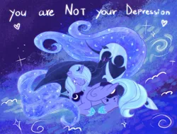 Size: 1280x969 | Tagged: safe, artist:avosj, derpibooru import, nightmare moon, princess luna, alicorn, pony, g4, crying, depression, duo, duo female, ethereal mane, ethereal tail, eyes closed, female, image, jewelry, jpeg, looking down, mare, motivational, regalia, s1 luna, tail, text