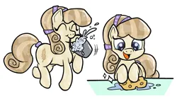 Size: 1363x763 | Tagged: safe, anonymous artist, derpibooru import, golden wheat, crystal pony, earth pony, pony, bucket, cleaning, image, png, sponge