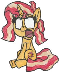 Size: 895x1078 | Tagged: safe, artist:captainquack64, derpibooru import, sunset shimmer, pony, unicorn, g4, 2018, bacon, bacon hair, food, horn, image, meat, open mouth, png, simple background, solo, traditional art, transparent background