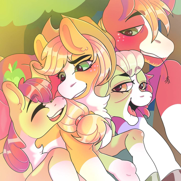 Size: 1280x1280 | Tagged: safe, artist:randomcatastrafy, derpibooru import, apple bloom, applejack, big macintosh, granny smith, earth pony, pony, g4, apple family, chest fluff, coat markings, eyes closed, facial markings, female, filly, foal, image, jpeg, male, mare, open mouth, open smile, pale belly, smiling, socks (coat marking), stallion, straw in mouth, stripe (coat marking)