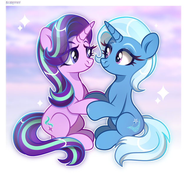 Size: 2500x2363 | Tagged: safe, artist:scarffist, derpibooru import, starlight glimmer, trixie, pony, unicorn, g4, base used, blue mane, couple, cute, diatrixes, duo, duo female, female, glimmerbetes, happy, holding hands, holding hooves, horn, image, lesbian, light skin, long hair, long mane, long tail, looking at each other, looking at someone, pink eyes, png, purple eyes, purple hair, purple mane, shipping, short mane, smiling, sparkles, startrix, tail