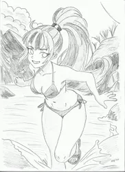 Size: 2550x3507 | Tagged: suggestive, artist:naughty_ranko, derpibooru import, sonata dusk, human, equestria girls, g4, bikini, breasts, cleavage, clothes, female, image, jpeg, monochrome, pencil drawing, rainbow rocks 10th anniversary, river, solo, solo female, swimsuit, traditional art, water