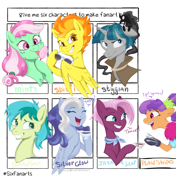 Size: 3530x3582 | Tagged: safe, artist:shanyata, derpibooru import, jasmine leaf, minty (g4), plaid stripes, pony of shadows, sandbar, silver glow, spitfire, stygian, earth pony, pegasus, pony, unicorn, six fanarts, g3, g4, candy, cloak, clothes, eyes closed, female, filly, foal, food, horn, image, lollipop, male, mare, png, simple background, spoon, stallion, sunglasses, tea, white background