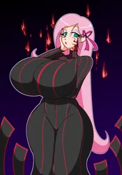 Size: 1402x2000 | Tagged: suggestive, artist:reiduran, derpibooru import, fluttershy, human, g4, arm under breasts, big breasts, breasts, busty fluttershy, clothes, costume, crossover, fate/stay night, female, gradient background, huge breasts, humanized, image, impossibly large breasts, looking at you, no pupils, png, sakura matou, solo, solo female, thighs, thunder thighs, wide hips