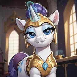 Size: 1024x1024 | Tagged: safe, ai content, derpibooru import, machine learning generated, prompter:thelight3d, stable diffusion, rarity, pony, unicorn, g4, armor, generator:pony diffusion v6 xl, horn, image, magic, png, royal guard, royal guard rarity, solo