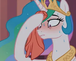 Size: 1280x1040 | Tagged: prompter needed, safe, ai content, derpibooru import, machine learning generated, princess celestia, alicorn, pony, g4, blushing, bust, crown, ethereal mane, female, image, jewelry, looking down, mare, meme, peytral, png, ponified meme, regalia, show accurate, shrunken pupils, solo, sweat, sweatdrops, sweating profusely, sweating towel guy, towel, towel on head