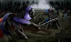 Size: 4000x2400 | Tagged: safe, artist:rainbowfire, derpibooru import, oc, oc:gloomy, unofficial characters only, pegasus, pony, undead, unicorn, zombie, zombie pony, armor, black mane, clothes, cloud, cloudy, cute, duo, female, fight, forest, forest background, graveyard, horn, image, jacket, knight, male, mare, nature, png, raised hoof, scythe, spread wings, stallion, sword, sword fight, tree, warriorshy, weapon, wicked, wings