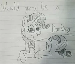 Size: 2440x2090 | Tagged: safe, artist:sewaddle36, derpibooru import, rarity, pony, unicorn, g4, derpibooru exclusive, female, horn, image, jpeg, lined paper, lying down, pencil drawing, solo, text, traditional art