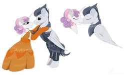 Size: 1280x773 | Tagged: safe, artist:princessshadowluna, derpibooru import, rumble, sweetie belle, pegasus, pony, unicorn, alternate hairstyle, beauty and the beast, belle, clothes, colt, cute, daaaaaaaaaaaw, dancing, dancing together, diasweetes, dress, duo, evening gloves, eyes closed, female, filly, foal, gloves, gown, horn, image, long gloves, looking at each other, looking at someone, male, namesake, nuzzling, parent:rumble, png, pun, rumblebetes, smiling, smiling at each other, suit, visual pun, waltz, wholesome