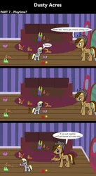 Size: 1920x3516 | Tagged: safe, artist:platinumdrop, derpibooru import, derpy hooves, oc, oc:dusty hooves, pony, comic:dusty acres, series:technoverse, g4, 3 panel comic, angry, comic, commission, dialogue, door, female, filly, foal, happy, hoof hold, image, living room, mouth hold, plushie, png, scared, speech bubble, toy, younger