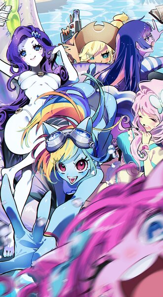 Size: 1883x3426 | Tagged: suggestive, artist:sunaosaito, derpibooru import, kotobukiya, applejack, fluttershy, pinkie pie, rainbow dash, rarity, twilight sparkle, equestria girls, g4, bikini, blurry, clothes, goggles, image, jpeg, swimming pool, swimsuit