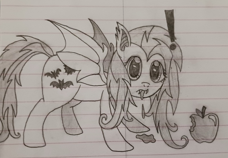 Size: 3275x2270 | Tagged: safe, artist:sewaddle36, derpibooru import, fluttershy, bat pony, g4, apple, bat ponified, derpibooru exclusive, female, flutterbat, food, image, jpeg, lined paper, looking at you, pencil drawing, race swap, solo, surprised, traditional art