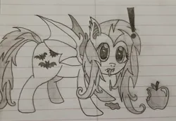 Size: 3275x2270 | Tagged: safe, artist:sewaddle36, derpibooru import, fluttershy, bat pony, g4, apple, bat ponified, derpibooru exclusive, female, flutterbat, food, image, jpeg, lined paper, looking at you, pencil drawing, race swap, solo, surprised, traditional art