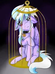 Size: 1276x1713 | Tagged: semi-grimdark, artist:destiny_manticor, derpibooru import, cloudchaser, pegasus, pony, g4, abuse, bird cage, black background, black eye, blood, bruised, cage, collar, commission, crying, eye clipping through hair, female, floppy ears, folded wings, image, implied anon, looking at you, mare, nosebleed, offscreen character, pet, pet collar, pet tag, png, question mark, sad, sad pony, scratches, simple background, sitting, slave, tears of sadness, teary eyes, two toned mane, wings