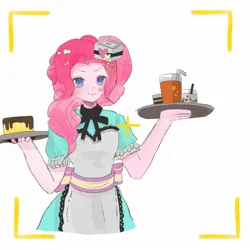 Size: 2048x2048 | Tagged: safe, artist:xueshitiexiuweide, derpibooru import, pinkie pie, human, equestria girls, g4, :3, apron, bubble tea, camera shot, clothes, dress, drink, hat, image, jpeg, juice, meal, simple background, solo, tray, white background