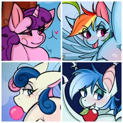 Size: 2048x2048 | Tagged: safe, artist:namelessplaza, derpibooru import, bon bon, rainbow dash, sugar belle, sweetie drops, oc, bat pony, earth pony, pegasus, unicorn, apple, blushing, bubblegum, bust, commission, food, gum, horn, image, jpeg, portrait, ych example, your character here