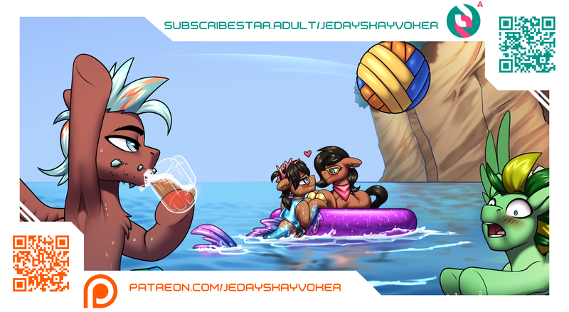 Size: 2943x1616 | Tagged: suggestive, artist:jedayskayvoker, derpibooru import, oc, oc:benjamin terrance tover, oc:laurel crown, oc:taco.m.tacoson, oc:thunder twist, mermaid, merpony, advertisement, alcohol, balls, beer, blushing, boat, cute, facial hair, glasses, image, nudity, patreon, patreon preview, png, romantic, scruffy, subscribestar, subscribestar preview