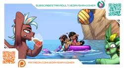 Size: 2943x1616 | Tagged: suggestive, artist:jedayskayvoker, derpibooru import, oc, oc:benjamin terrance tover, oc:laurel crown, oc:taco.m.tacoson, oc:thunder twist, mermaid, merpony, advertisement, alcohol, balls, beer, blushing, boat, cute, facial hair, glasses, image, nudity, patreon, patreon preview, png, romantic, scruffy, subscribestar, subscribestar preview