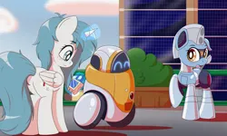 Size: 2496x1500 | Tagged: safe, derpibooru import, oc, oc:nara (fl), oc:silverstream (robot pony), alicorn, pony, robot, robot pony, forza horizon, image, magic, png, remote, telekinesis