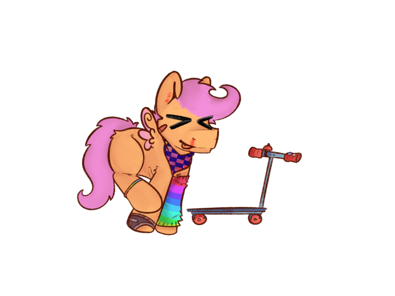 Size: 2732x2048 | Tagged: safe, artist:felixmcfurry, derpibooru import, scootaloo, pegasus, pony, g4, bandaid, bandaid on cheek, bandana, bell, blank flank, blood, clothes, digital art, ear piercing, eyes closed, female, filly, foal, gloves, image, neckerchief, nosebleed, orange fur, piercing, png, scooter, shading, simple background, sleeve, small wings, solo, sticker, tongue out, transparent background, wheel, wings