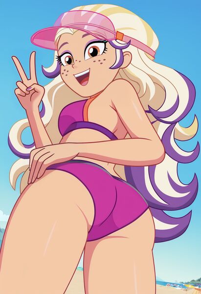 Size: 1248x1824 | Tagged: safe, ai content, derpibooru import, machine learning generated, equestria girls, g4, bailey (wild manes), beach, butt, clothes, equestria girls-ified, eyeshadow, female, hat, image, jpeg, looking back, makeup, ocean, open mouth, open smile, outdoors, peace sign, sand, smiling, solo, swimsuit, thighs, water, wild manes