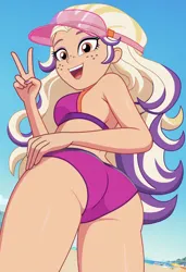 Size: 1248x1824 | Tagged: safe, ai content, derpibooru import, machine learning generated, equestria girls, g4, bailey (wild manes), beach, butt, clothes, equestria girls-ified, eyeshadow, female, hat, image, jpeg, looking back, makeup, ocean, open mouth, open smile, outdoors, peace sign, sand, smiling, solo, swimsuit, thighs, water, wild manes