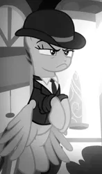 Size: 523x888 | Tagged: safe, derpibooru import, screencap, rainbow dash, pegasus, pony, g4, season 9, sparkle's seven, spoiler:s09, bowler hat, cropped, female, grayscale, hat, image, investigator dash, jpeg, mare, monochrome, rainbow dash always dresses in style, solo