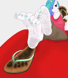 Size: 1280x1462 | Tagged: suggestive, artist:radiantaurora, derpibooru import, princess celestia, anthro, g4, barefoot, dirt, dirty, dirty feet, feet, female, fetish, flip-flops, foot fetish, foot focus, footprint, image, png, sandals, soles, teasing, toes