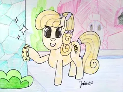 Size: 4032x3016 | Tagged: safe, artist:jakusi, ponerpics import, golden wheat, crystal pony, pony, background pony, cleaning, crystal empire, female, hairband, image, jpeg, looking at you, mare, signature, smiling, solo, sparkles, sponge, tail wrap, traditional art