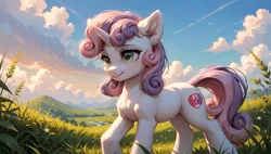 Size: 3840x2176 | Tagged: safe, ai content, derpibooru import, machine learning generated, prompter:truekry, sweetie belle, pony, unicorn, g4, cloud, cute, cutie mark, diasweetes, female, horn, image, meadow, mountain, older, older sweetie belle, png, river, scenery, sky, solo, tall grass, teenager, wallpaper, water