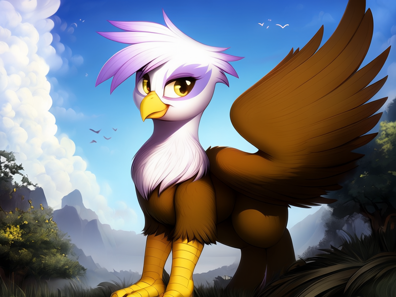 Size: 1280x960 | Tagged: safe, ai content, derpibooru import, generator:resonance cascade lite, generator:stable cascade, machine learning generated, gilda, gryphon, g4, derpibooru exclusive, female, image, outdoors, png, prompter:mfg637, solo, spread wings, wings