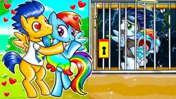 Size: 686x386 | Tagged: safe, artist:annie channel, derpibooru import, flash sentry, rainbow dash, soarin', oc, pegasus, pony, baby, clothes, cringing, crying, dress, female, flashdash, goggles, goggles on head, heart, heart eyes, image, jail, jpeg, kissing, lock, male, offspring, outdoors, parent:rainbow dash, parent:soarin', parents:soarindash, rags, sad, shipping, shirt, smiling, straight, weird youtube kids video, wingding eyes, wings, youtube link, youtube thumbnail, youtube video