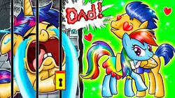 Size: 686x386 | Tagged: safe, artist:annie channel, derpibooru import, flash sentry, rainbow dash, oc, pegasus, pony, unicorn, baby, bars, clothes, crying, dialogue, dress, evil grin, female, flashdash, grin, gums, heart, heart eyes, horn, image, infidelity, jail, jail cell, jpeg, lock, male, offspring, parent:flash sentry, parent:twilight sparkle, parents:flashlight, prison, sad, shipping, short tail, smiling, sobbing, straight, tail, trio, unicorn oc, weird youtube kids video, wingding eyes