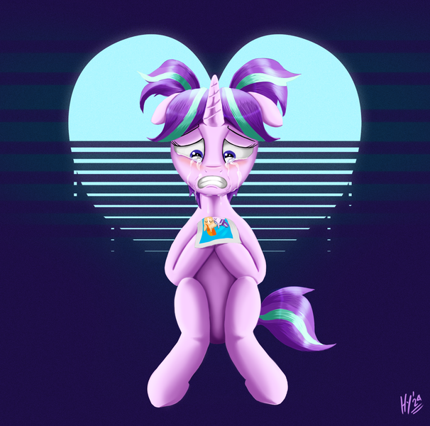 Size: 2000x1980 | Tagged: safe, artist:jphyperx, derpibooru import, starlight glimmer, pony, unicorn, g4, crying, female, filly, filly starlight glimmer, foal, heart, horn, image, implied shipping, implied starburst, implied straight, photo, png, retrowave, sitting, start of darkness, tears of sadness, younger