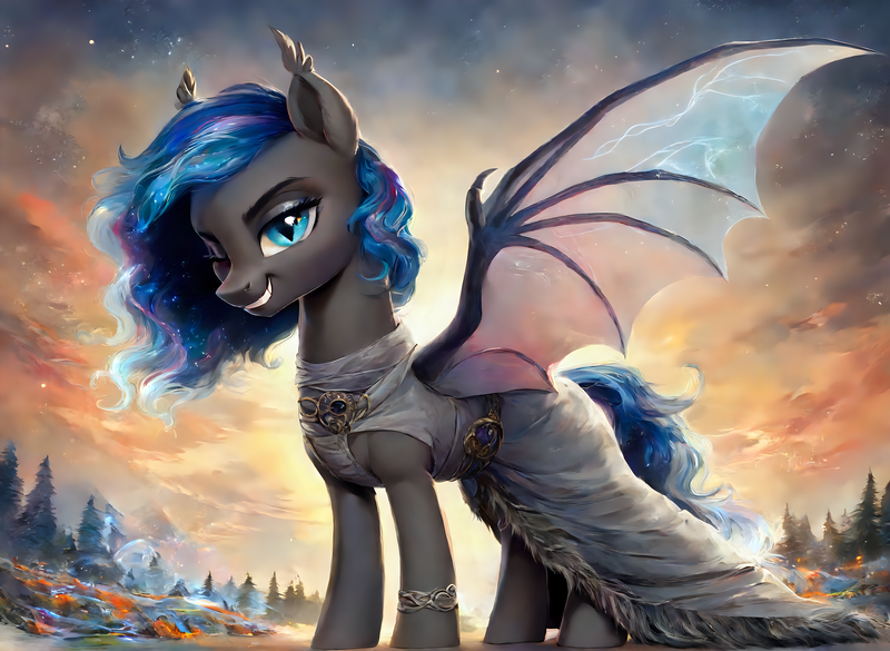 Size: 6912x5056 | Tagged: safe, ai content, derpibooru import, machine learning generated, prompter:radioglitch, stable diffusion, bat pony, pony, forest, generator:pony diffusion v6 xl, image, morning, nature, one eye closed, png, smiling, smirk, tree, wink