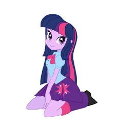 Size: 1288x1412 | Tagged: safe, artist:cheesesauce_45, derpibooru import, part of a set, twilight sparkle, equestria girls, g4, boots, bow, clothes, colored lineart, cutie mark, cutie mark on clothes, cutie mark on skirt, eyelashes, female, image, kneeling, leg warmers, long hair, looking back, neck bow, old art, pixel-crisp art, png, puffy sleeves, purple eyes, purple skin, shirt, shoes, simple background, skirt, smiling, solo, straight hair, three quarter view, three toned hair, white background