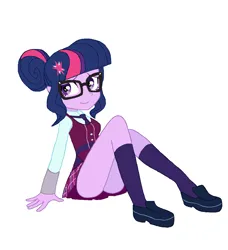 Size: 1288x1412 | Tagged: safe, artist:cheesesauce_45, derpibooru import, part of a set, sci-twi, twilight sparkle, equestria girls, g4, bangs, clothes, crystal prep academy uniform, cutie mark accessory, cutie mark hair accessory, dress shoes, female, glasses, hair accessory, hair bun, image, kneesocks, looking away, necktie, old art, pixel-crisp art, plaid skirt, png, purple eyes, purple skin, school tie, school uniform, schoolgirl, schrödinger's pantsu, shirt, shoes, simple background, sitting, skirt, socks, solo, thighs, three quarter view, three toned hair, tied hair, white background