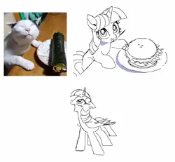 Size: 1473x1361 | Tagged: safe, artist:cheesesauce_45, derpibooru import, part of a set, twilight sparkle, twilight sparkle (alicorn), alicorn, pony, unicorn, g4, bangs, big eyes, burger, cute, duality, eyelashes, female, folded wings, food, hay burger, hooves on the table, image, jpeg, looking at you, looking up, mare, missing cutie mark, monochrome, old art, open mouth, open smile, profile, redraw, simple background, sitting, smiling, smiling at you, sparkly eyes, standing, that pony sure does love burgers, three quarter view, twiabetes, twilight burgkle, unicorn twilight, white background, wingding eyes, wings