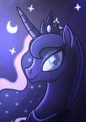 Size: 1756x2500 | Tagged: safe, artist:usuotukasjuodukas, derpibooru import, princess luna, alicorn, pony, bust, crescent moon, crown, ethereal mane, female, image, jewelry, mare, moon, night, png, portrait, regalia, smiling, solo, stars