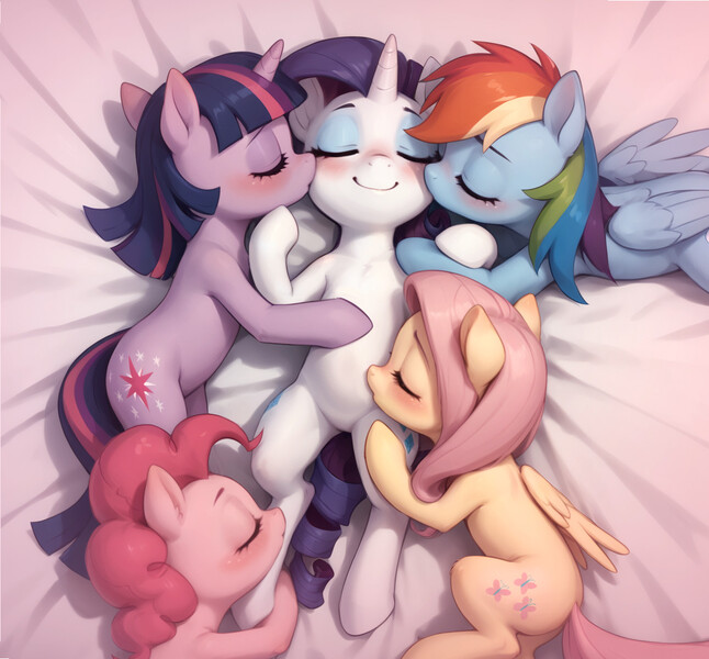 Size: 1156x1074 | Tagged: suggestive, ai content, derpibooru import, machine learning generated, applejack, fluttershy, pinkie pie, rainbow dash, rarity, twilight sparkle, bed, female, group, image, jpeg, kiss on the cheek, kissing, lesbian, mane six, omniship, on bed, polyamory, shipping