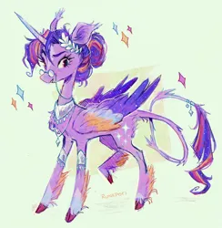 Size: 1020x1045 | Tagged: safe, artist:lutraviolet, artist:runkpori, derpibooru import, twilight sparkle, twilight sparkle (alicorn), alicorn, pony, g4, abstract background, alternate accessories, alternate color palette, alternate cutie mark, alternate design, alternate eye color, alternate hairstyle, alternate mane color, alternate tail color, alternate tailstyle, bangles, chest fluff, cloven hooves, coat markings, colored fetlocks, colored hooves, colored horn, colored wings, colored wingtips, ear fluff, ear tufts, facial markings, folded wings, glasses, hair bun, hatching (technique), hooves, horn, image, jewelry, laurel wreath, leonine tail, long horn, multicolored mane, multicolored tail, multicolored wings, necklace, pink hooves, png, purple coat, purple wingtips, raised leg, redesign, round glasses, signature, simple background, small glasses, socks (coat marking), solo, sparkly mane, sparkly tail, sparkly wings, sparkly wingtips, standing on three hooves, star (coat marking), tail, tail fluff, thin tail, three quarter view, tied mane, wall of tags, wings, yellow eyes