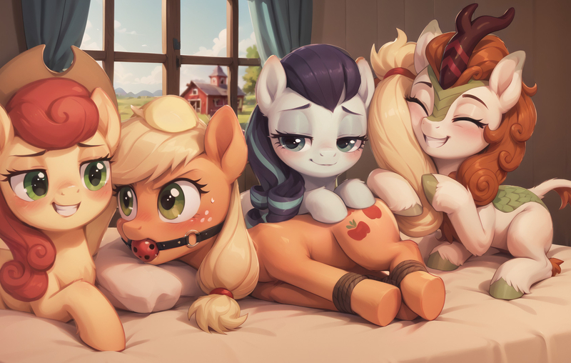 Size: 1687x1071 | Tagged: questionable, ai content, derpibooru import, machine learning generated, applejack, autumn blaze, coloratura, strawberry sunrise, applejack's hat, applesub, autumndom, autumnjack, ballgag, bed, bondage, bully, bullying, coloradom, cowboy hat, female, femsub, gag, group, hat, hogtied, hug, image, jpeg, lesbian, on bed, polyamory, rarajack, shipping, smug, strawberrydom, submissive, sweet apple acres, tail, tail hug