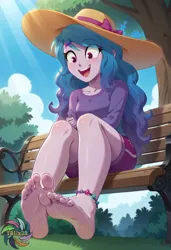 Size: 2496x3648 | Tagged: safe, ai content, derpibooru import, machine learning generated, prompter:trux23, izzy moonbow, human, equestria girls, g4, g5, anklet, bench, blurry background, day, equestria girls-ified, feet, female, fetish, foot fetish, g5 to equestria girls, g5 to g4, generation leap, grass, happy, hat, image, jewelry, jpeg, outdoors, sitting, soles, solo, solo female, sun hat, toes, tree