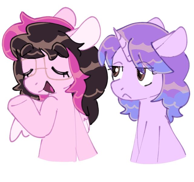 Size: 1281x1201 | Tagged: safe, artist:mlpnightcreluvr, derpibooru import, oc, unofficial characters only, pegasus, pony, unicorn, brown eyes, bust, colored pinnae, colored wings, colored wingtips, duo, duo female, eye clipping through hair, eyelashes, eyes closed, female, floppy ears, glasses, half body, horn, image, jpeg, lavender coat, lidded eyes, looking at someone, looking away, mare, open mouth, open smile, pegasus oc, pink coat, pink wingtips, purple coat, shiny mane, simple background, sitting, smiling, spread wings, talking, two toned mane, two toned wings, unamused, unicorn horn, unicorn oc, white background, wings