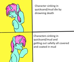 Size: 1200x1000 | Tagged: safe, artist:amateur-draw, derpibooru import, oc, oc:belle boue, ponified, unofficial characters only, pony, unicorn, cringing, disgusted, eyes closed, horn, hotline bling, image, implied mud, implied quicksand, meme, meme edit, mud, png, ponified meme, quicksand, smiling, solo, stallion oc, unicorn oc