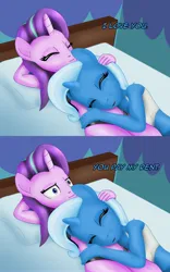 Size: 2500x4000 | Tagged: safe, artist:anonymousandrei, derpibooru import, starlight glimmer, trixie, anthro, plantigrade anthro, unicorn, g4, 2 panel comic, bed, bedroom, clothes, comic, cuddling, derpibooru exclusive, duo, duo female, female, horn, image, jpeg, lesbian, on bed, petting, shipping, song reference, startrix, underwear