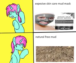 Size: 1200x1000 | Tagged: safe, artist:amateur-draw, derpibooru import, oc, oc:belle boue, ponified, unofficial characters only, pony, unicorn, g4, cringing, eyes closed, horn, hotline bling, image, meme, mud, mud mask, png, ponified meme, smiling, solo, unicorn oc