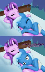 Size: 2500x4000 | Tagged: safe, artist:anonymousandrei, derpibooru import, starlight glimmer, trixie, anthro, plantigrade anthro, unicorn, g4, 2 panel comic, bed, bedroom, clothes, comic, cuddling, derpibooru exclusive, duo, duo female, female, horn, image, jpeg, lesbian, mouthpiece, on bed, petting, shipping, song reference, startrix, underwear