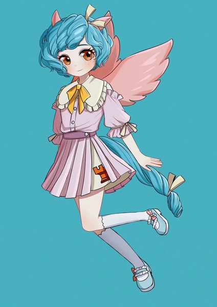 Size: 1600x2263 | Tagged: safe, artist:manbanpai40688, derpibooru import, cozy glow, human, clothes, eared humanization, humanized, image, jpeg, shirt, skirt, solo, spread wings, tail, tailed humanization, winged humanization, wings